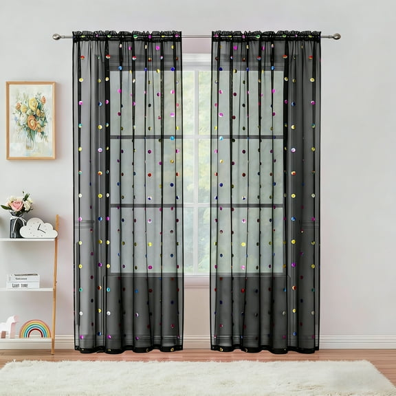 Bazaahm Black Sheer Linen Curtains Set of 2 for Living Room 84"L x 52"W Boho Sparkling Colorful Metallic Polka Dots Printed Rod Pocket Window Drapes for Kids Juvenile Bedroom