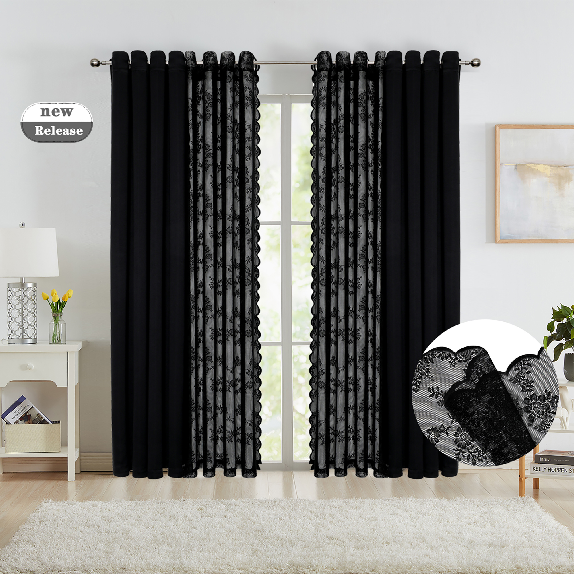 Bazaahm Blackout Curtains Girls Bedroom Lace Floral Sheer Double Layers 