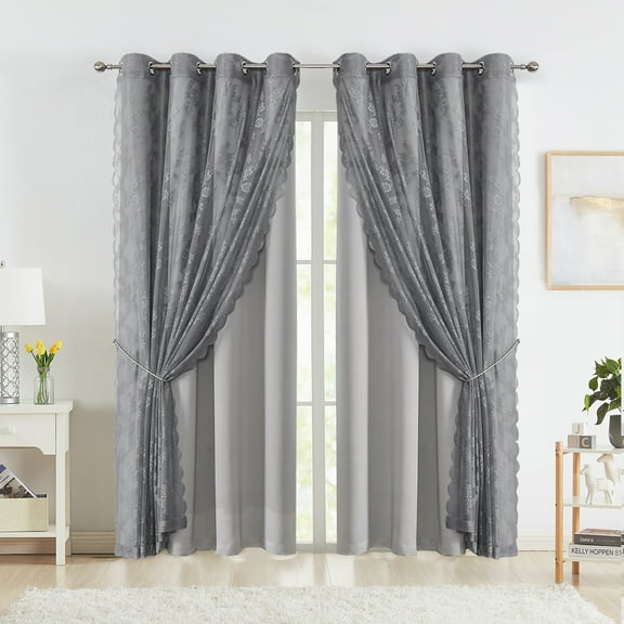 Bazaahm Blackout Curtains with Rose Lace Sheer for Bedroom Mix and Match Thermal Insulated Dark Room,Grey,52*95*4