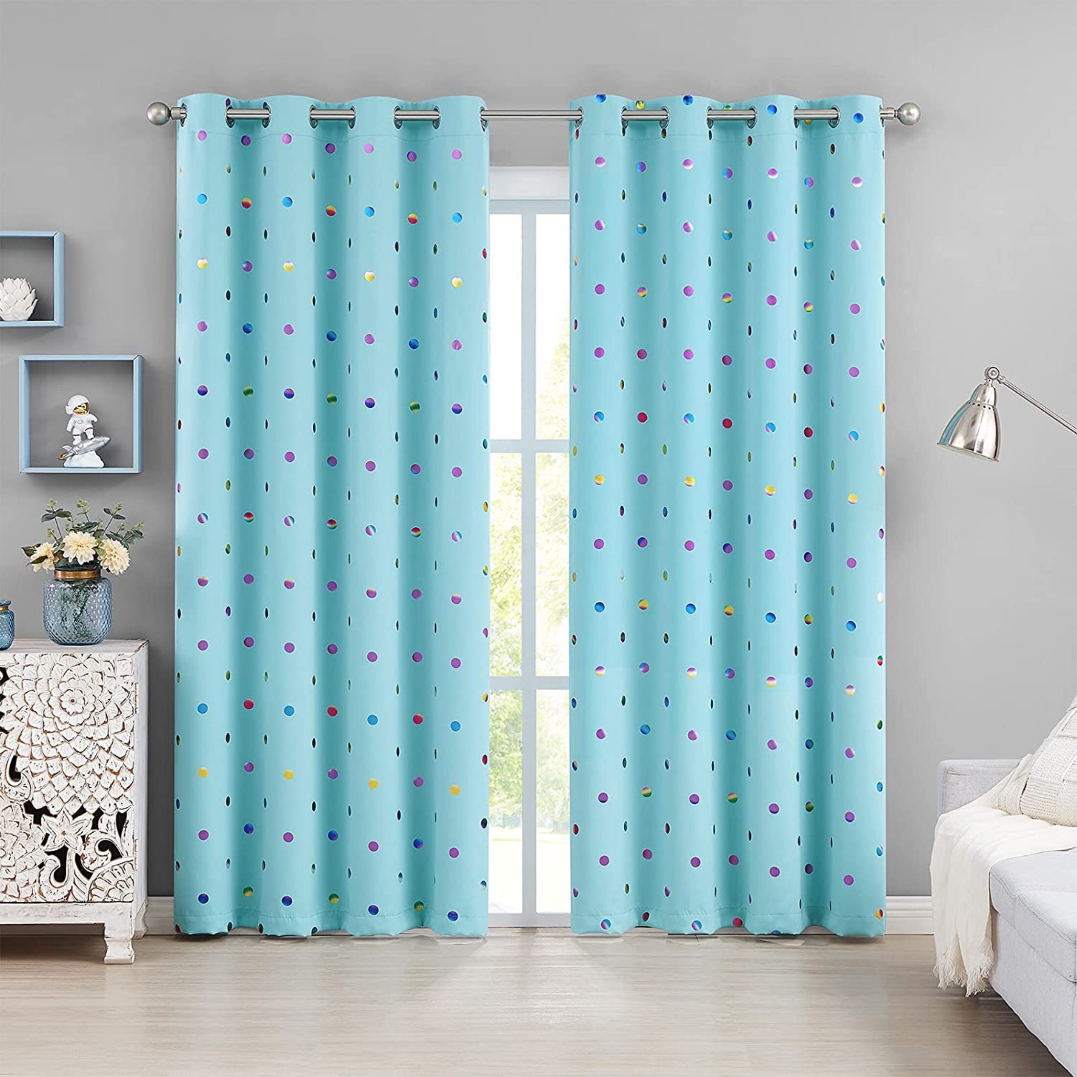 Bazaahm Blue 100% Blackout Curtain Panels for Kids Juvenile Bedroom Living Room 95"L x 52"W Colorful Metallic Polka Dots Printed Room Darkening Draperies, Grommet Top 2pcs