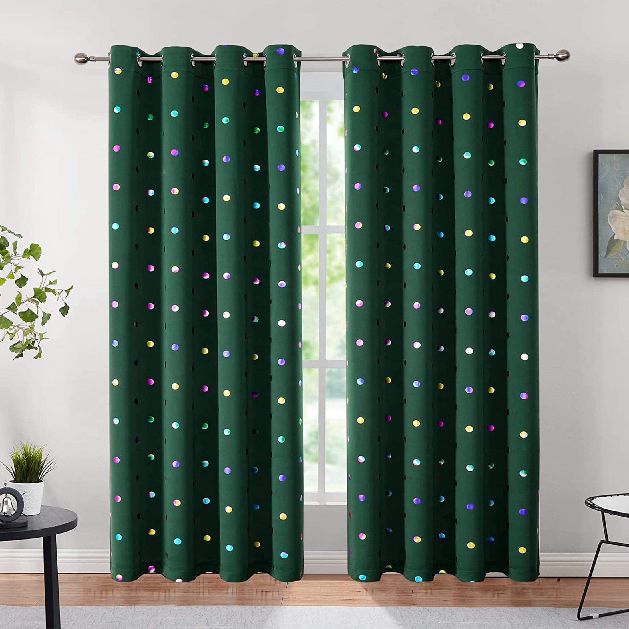 Bazaahm Green Full Blackout Winter Curtains for St. Patrick's Day Kids Bedroom 84" Length Colorful Metallic Polka Dots Print Holiday Curtains Room Darkening Grommet Drapes, 52"W 2 Panels