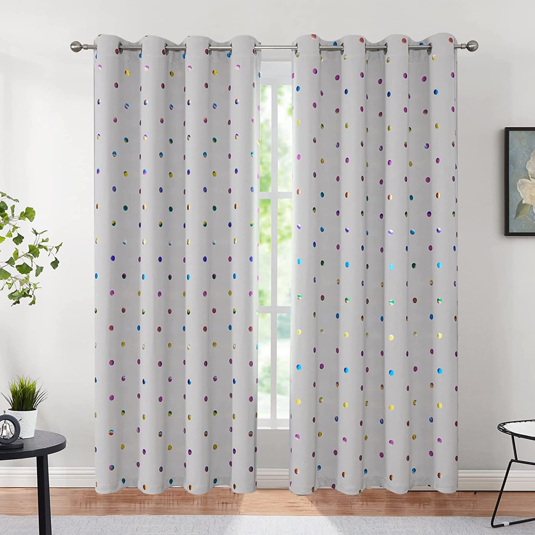 Bazaahm Grey Full Blackout Curtain Panels Set of 2 for Kids Juvenile Bedroom Colorful Metallic Polka Dots Printed Thermal Insulated Grommet Window Drapes, 84"L x 52"W