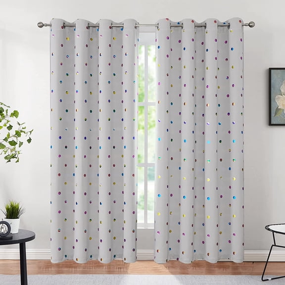 Bazaahm Grey Full Blackout Curtain Panels Set of 2 for Kids Juvenile Bedroom Colorful Metallic Polka Dots Printed Thermal Insulated Grommet Window Drapes, 84"L x 52"W