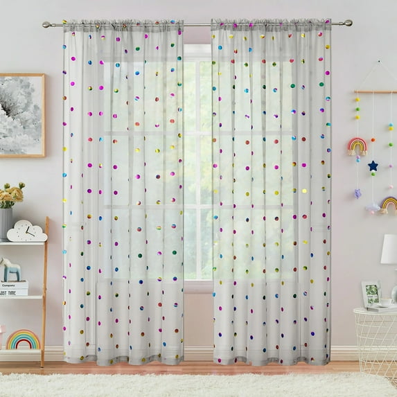Bazaahm Grey Sheer Curtain Panels Light Filtering for Kids Juvenile Bedroom Rod Pocket Colorful Metallic Polka Dot Printed Linen Drapes Set of 2, 84"L x 52"W