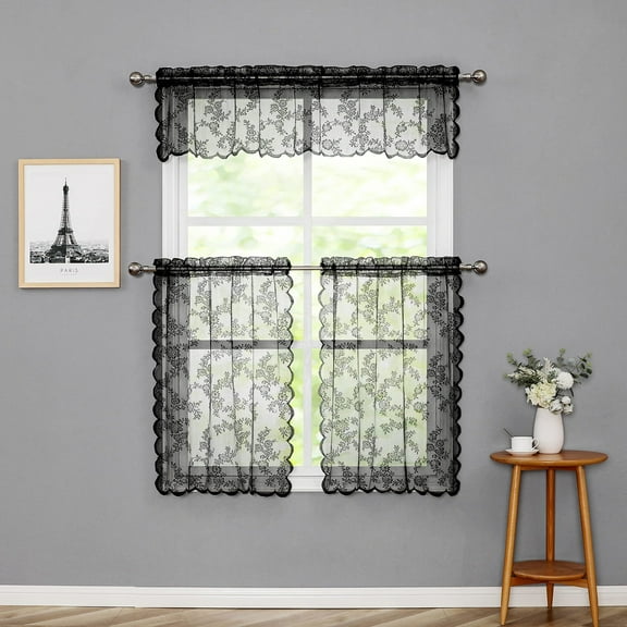 Bazaahm Kitchen Curtain and Valance Sets Farmhouse Black Lace Short Sheer Curtains Floral Rod Pocket ,24"L x 28"W,Set of 2