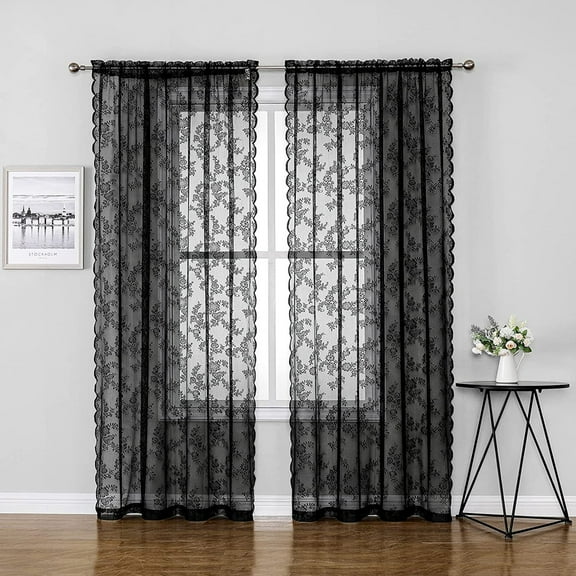 Bazaahm Modern Black Floral Rod Pocket Sheer Curtains, 55" x 63" (2 Panels)