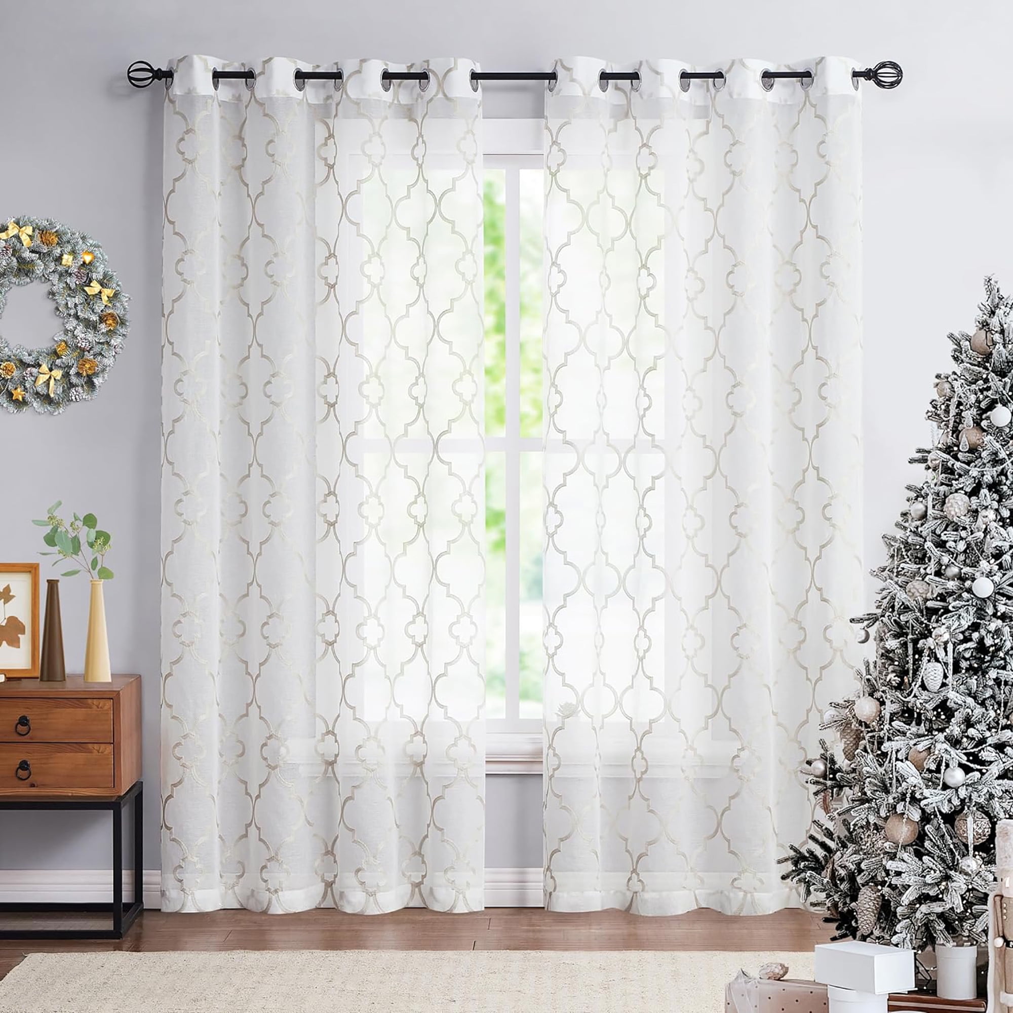 Bazaahm Moroccan Embroidered Semi-Sheer Curtains for Living Room
