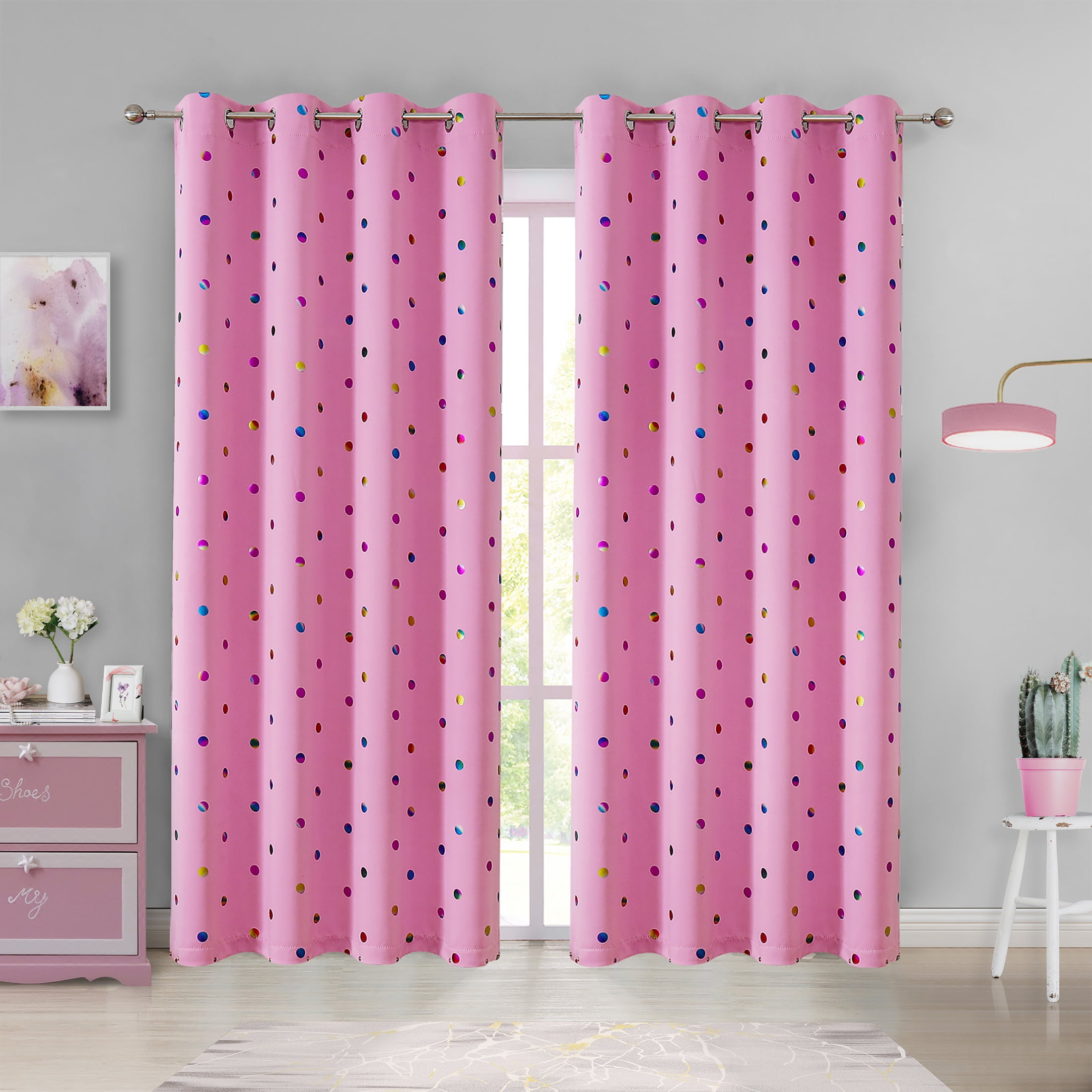 "Bazaahm Pink Blackout Curtains for Kids, 84""L x 52""W, Metallic Dots, Insulated, Grommet Top