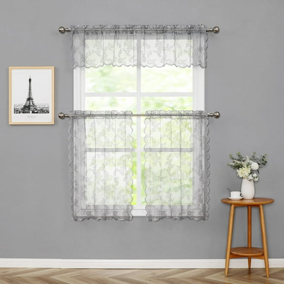 Bazaahm Rose Lace Tier Curtains Grey Floral Embroidered Window Tiers for Kitchen,Rod Pocket,24“L x 28"W 2 Panels