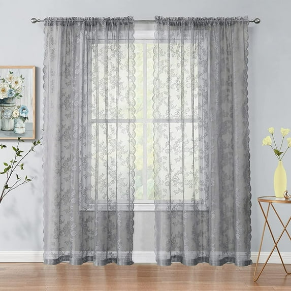 Bazaahm Sheer Lace Grey Curtains for Bedroom Living Room 95"L x 55"W Farmhouse Rose Floral Embroidery Rod Pocket Drapery, Set of 2