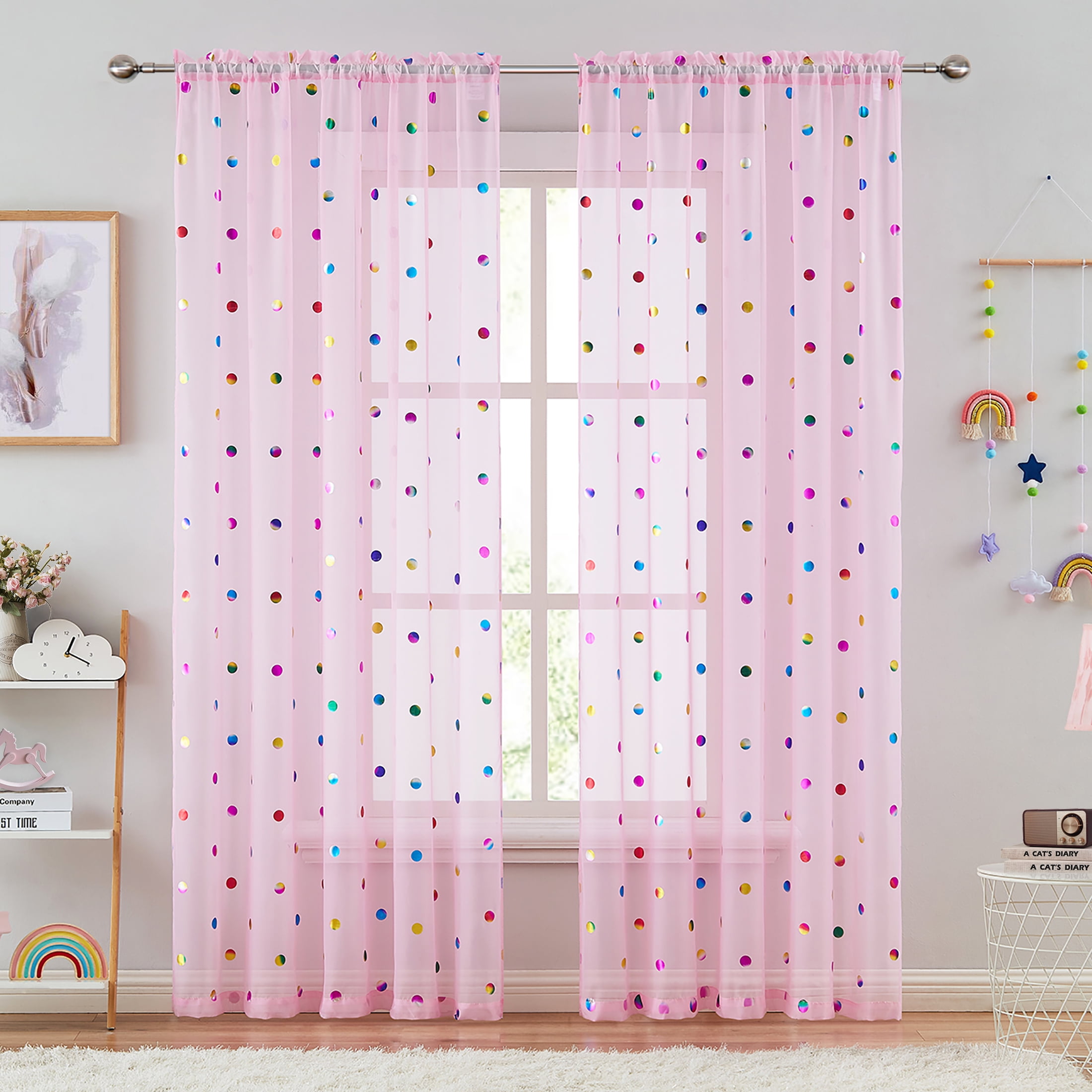 Bazaahm Sheer Pink Curtains For Kids Juvenile Girls Room 54 L X 52 W Boho Colorful Metallic Polka Dots Printed Linen Texture Rod Pocket Window Ds Set Of 2 Com