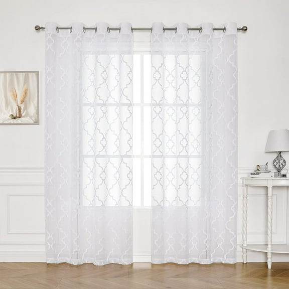 Bazaahm White Sheer Curtains for Living Room Lattice Geometric Embroidered, Grommet Top 63"L x 52"W 2pcs