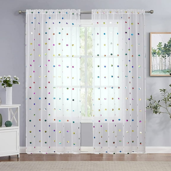 Bazaahm White Sheer Metallic Curtains for Living Room Light Filtering 2 Panels 84"L x 52"W Colorful Polka Dots Printed Linen Voile Drapes for Kids Juvenile Bedroom, Rod Pocket