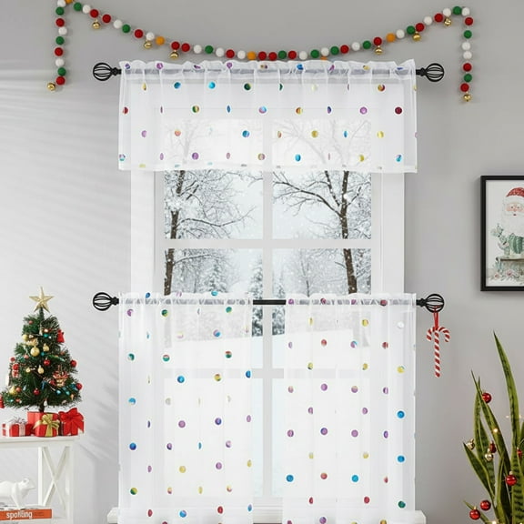 Bazaahm White Valance Curtain for Kitchen Bathroom 15"L x 56"W Boho Colorful Metallic Polka Dot Sheer Window Valance, Rod Pocket, 1 Panel