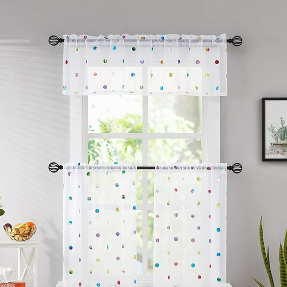 Bazaahm White Valance Curtain for Kitchen Bathroom 15"L x 56"W Boho Colorful Metallic Polka Dot Sheer Window Valance, Rod Pocket, 1 Panel
