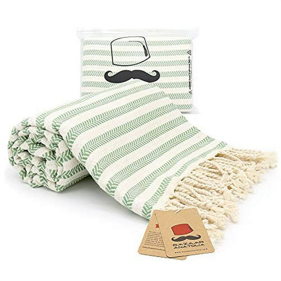 Bazaar Anatolia Arpa Turkish Towel 100% Cotton Beach Towels Oversized 77x38 Bath Towels Boho Farmhouse Bathroom Decor Gym Pool Bridesmaid Gift Quick Dry Towel (Green)