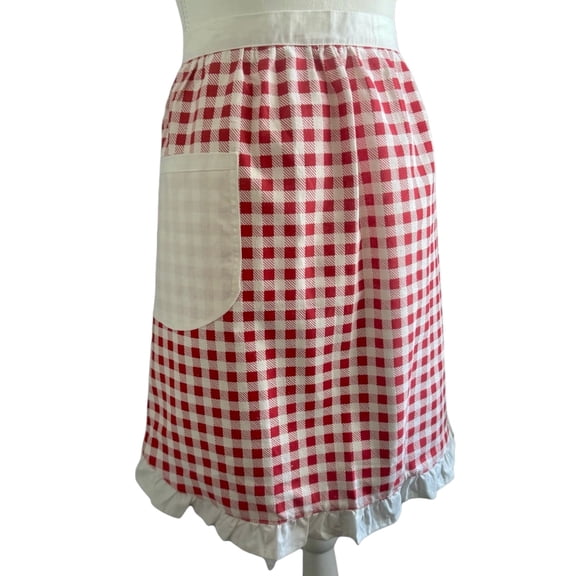 Bazaar Bliss Gingham Waist Apron with Pocket, Half Apron with Ruffle, Red