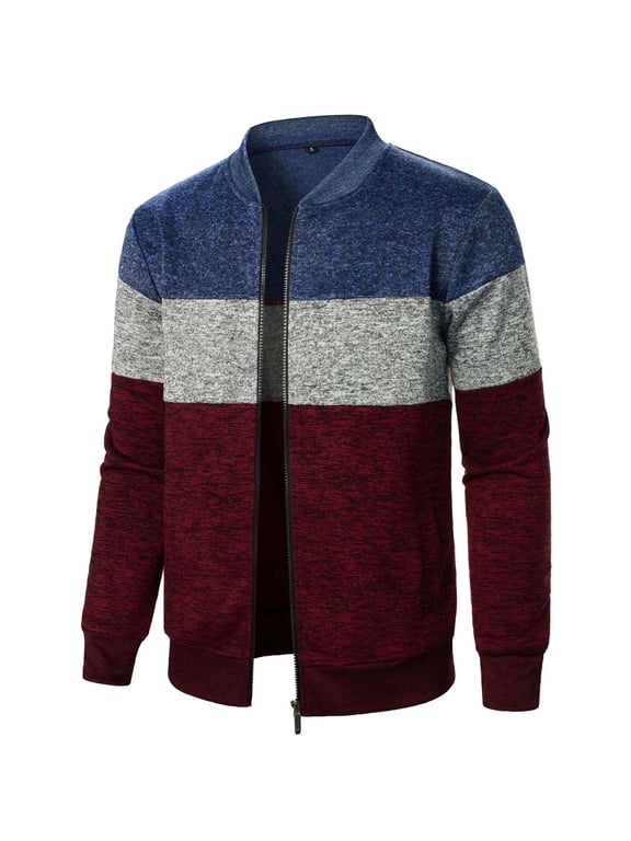 Bomber Jacket Men Lightweight Long Sleeve Jackets Colour Block Stand Collar Sports Jacket Fashion Patchwork Slim Fit Coats with Pockets Smart Casual Spring Autumn Outwear