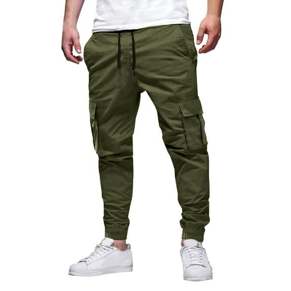 Bazeneo Cargo Joggers for Men Elasticated Waist Drawstring Work Trousers Regular Fit Cuffed Jogging Bottoms Plain Colour Multi Pocket Combat Trousers Outdoor Hiking Camping Pants