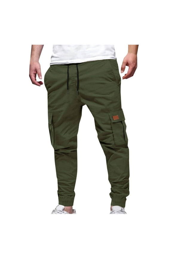 Cargo Trousers for Men Casual Work Pants with Pockets Elasticated Waist Combat Trouser Slim Fit Heavy Duty Joggers Pants Adjustable Drawstring Workwear Mens Camping Clothes