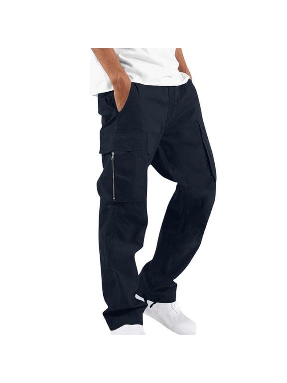 Cargo Trousers for Men Combat Work Trouser with Pockets Casual Solid Colour Cotton Trouser Loose Fit Straight Leg Jogging Bottoms Outdoor Walking Hiking Pants Large S-5XL