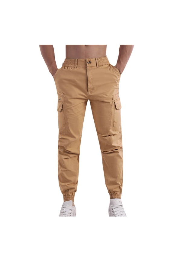 Cargo Trousers for Men Cuffed Casual Cotton Joggers Elastic Waist Chino Work Trouser Plain Sweatpants Relaxed Fit Combat Bottoms Outdoor Hiking Camping Pant with Pockets
