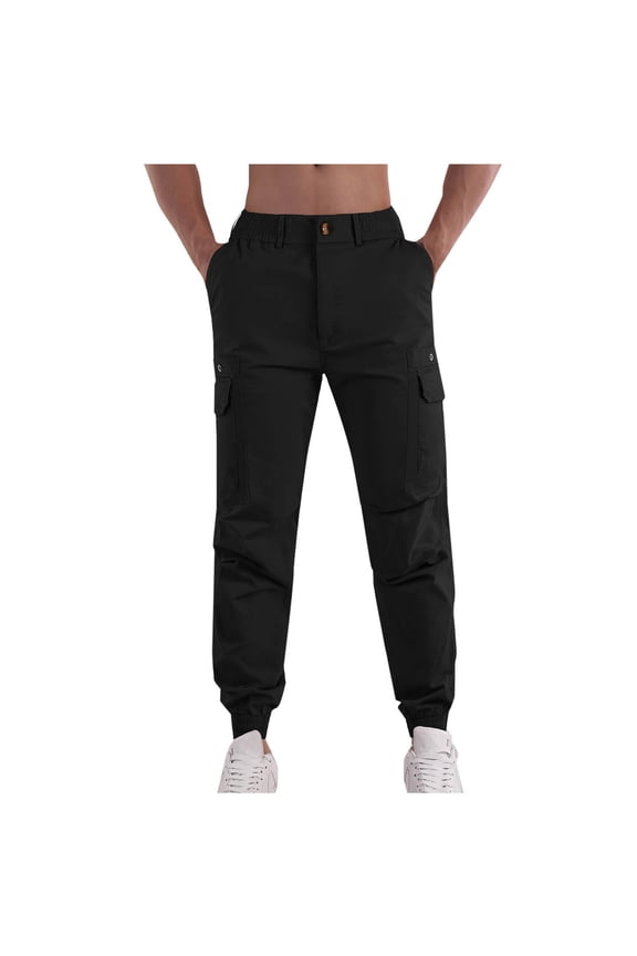 Cargo Trousers for Men Cuffed Casual Cotton Joggers Elastic Waist Chino Work Trouser Plain Sweatpants Relaxed Fit Combat Bottoms Outdoor Hiking Camping Pant with Pockets