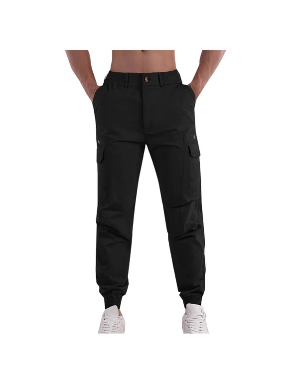 Cargo Trousers for Men Cuffed Casual Cotton Joggers Elastic Waist Chino Work Trouser Plain Sweatpants Relaxed Fit Combat Bottoms Outdoor Hiking Camping Pant with Pockets