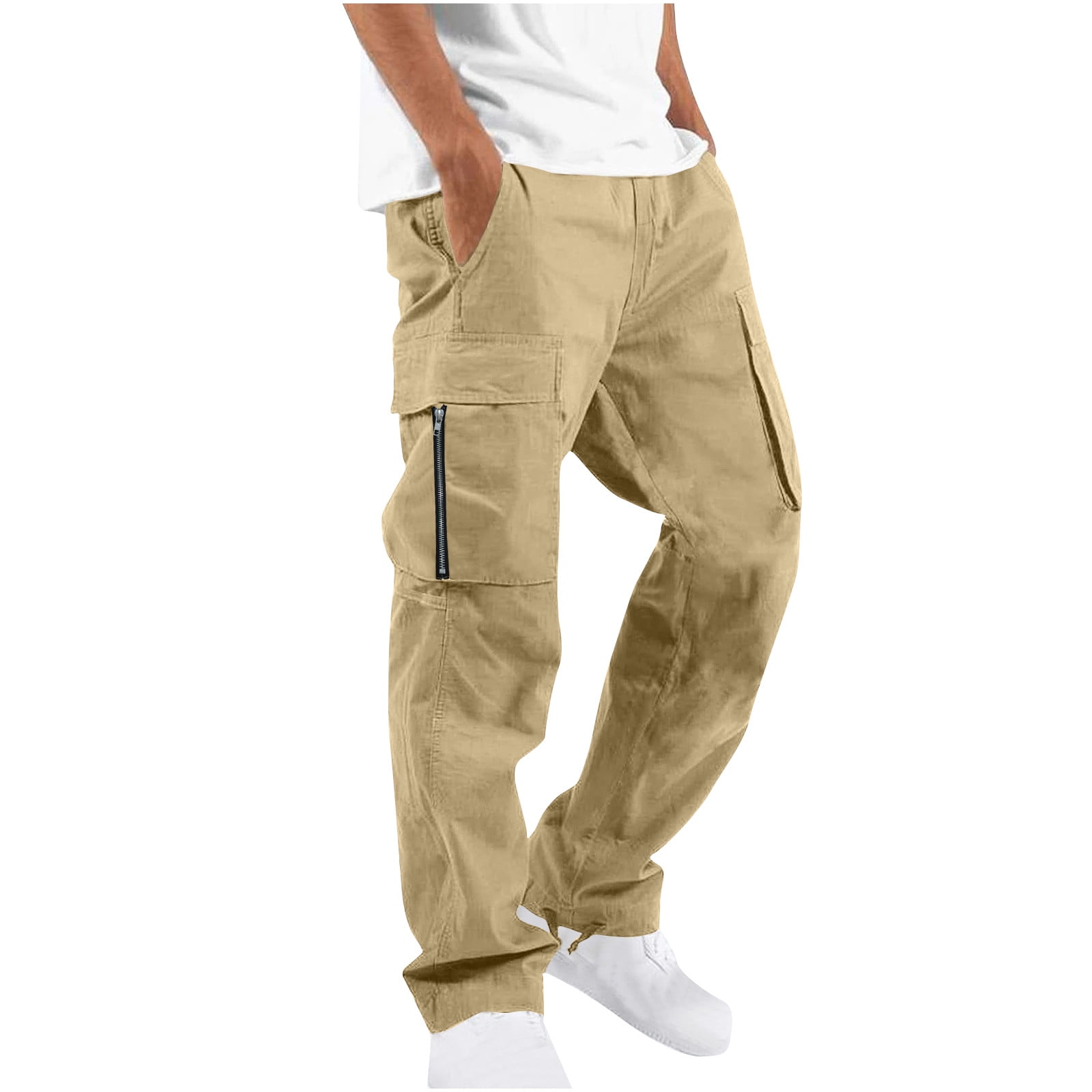 Men's Cargo Trousers Elasticated Waist Pants Work Straight Fit Jogger Outdoor Pants Utility Pockets