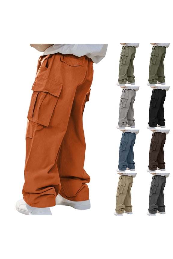 Cargo Trousers for Men Elasticated Waist Spring Work Trousers Wide Leg Oversized Workwear Plain Loose Fit Joggers Bottoms Multi Pocket Drawstring Casual Pants Plus Size