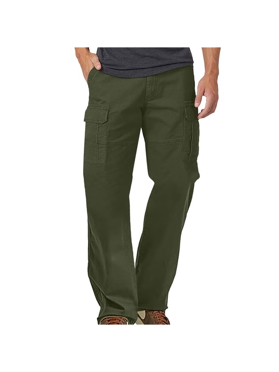 Cargo Trousers for Men Heavy Duty Work Trouser Plain Flat Front Combat Pants Straight Wide Leg Tactical Pant Baggy Utility Workwear Walking Camping Clothes with Pockets