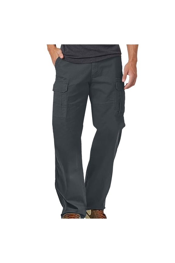 Cargo Trousers for Men Heavy Duty Work Trouser Plain Flat Front Combat Pants Straight Wide Leg Tactical Pant Baggy Utility Workwear Walking Camping Clothes with Pockets
