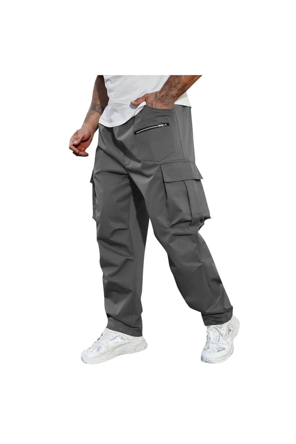 Cargo Trousers for Men Summer Joggers Trouser with Zip Pocket Solid Elastic Waist Work Pants Straight Leg Drawstring Tactical Bottoms Baggy Climbing Hiking Clothes Large