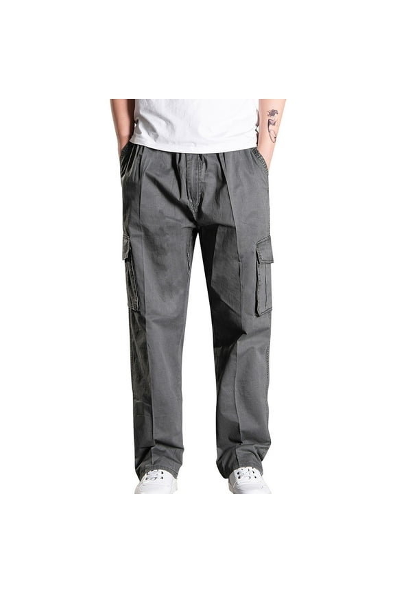 Chinos Trousers Men Loose Fit Cotton Casual Pants Straight Leg Elastic Waist Work Trouser Solid Colour Comfy Workwear with Pockets Outdoor Hiking Outfits Plus Size L-6XL