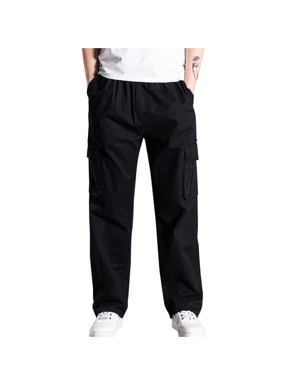 Chinos Trousers Men Loose Fit Cotton Casual Pants Straight Leg Elastic Waist Work Trouser Solid Colour Comfy Workwear with Pockets Outdoor Hiking Outfits Plus Size L-6XL