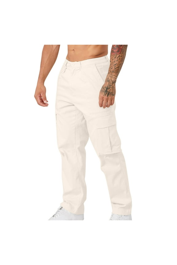 Chinos Trousers Men Relaxed Fit Cargo Trouser with Pockets Solid Colour Casual Work Pants Durable Straight Leg Combat Bottoms Mens Summer Clothes for Hiking Walking Tall