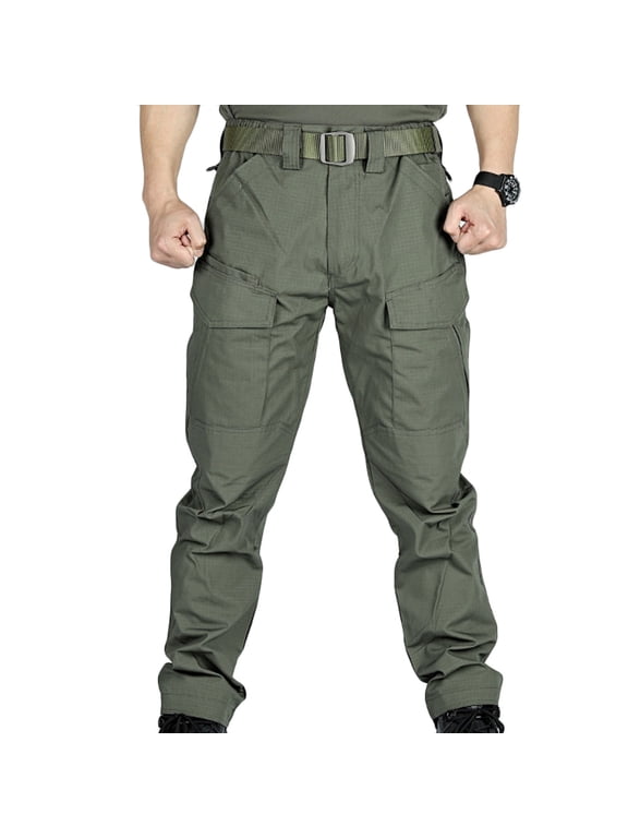 Combat Trousers for Men Multiple Pocket Cargo Tactical Trouser Plain Elastic Waist Work Pants Ripstop Loose Fit Workwear Mens Utility Bottoms Outdoor Camping Outfits