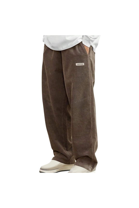 Corduroy Trousers Men Loose Fit Smart Casual Trouser Elasticated Waist Drawstring Pants Solid Colour Straight Leg Bottoms Spring and Winter Mens Lounge Wear with Pockets