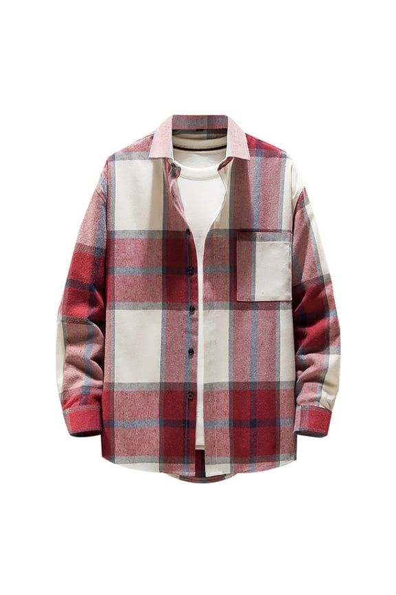 Flannel Shirt Men Long Sleeve Checked Jacket with Pocket Lightweight Button Down Shacket Loose Fit Plaid Shirts Turndown Collar Lumberjack Shirt Casual Overshirt Large