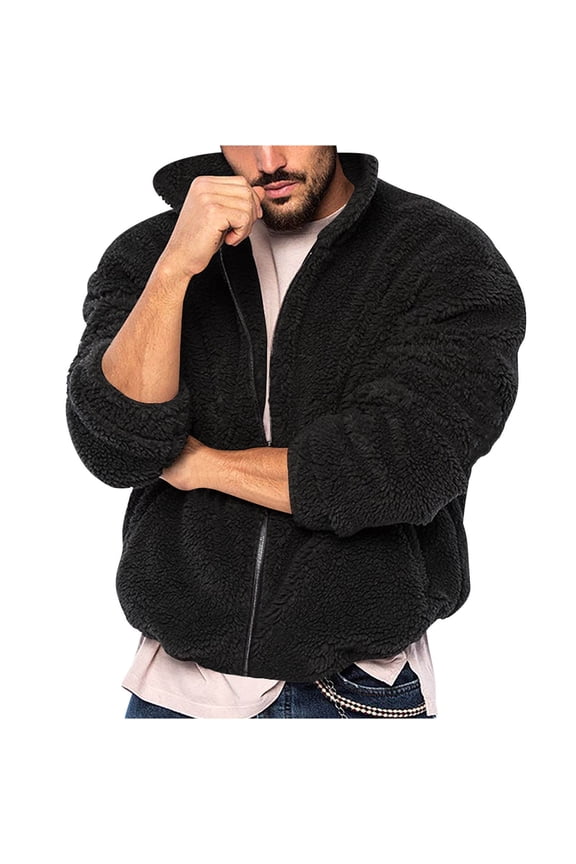 Fleece Jacket Mens Full Zip Winter Coats Long Sleeve Hooded Casual Jacket Double-Sided Polar Fleece Overcoat with Pockets Relaxed Fit Thick Cardigan Fashion Fuzzy Outerwear