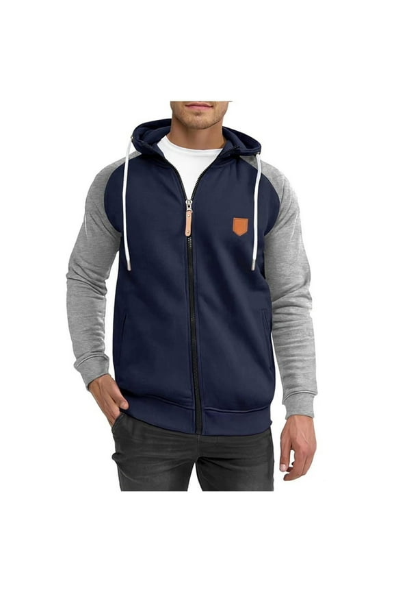 Gym Hoodie Men Full Zip Sports Jackets with Hood Long Sleeve Fleece Track Jacket Colour Block Regular Fit Hooded Top Zipped Cardigans Spring Casual Activewear