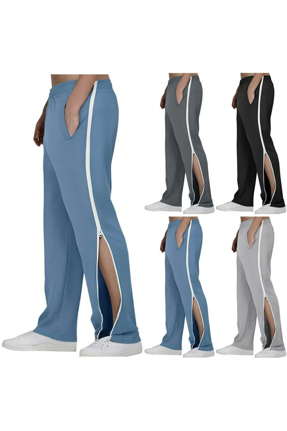Gym Trousers Men Loose Fit Sports Trousers Elastic Waist Track Bottoms Full Length Side Zipper Joggers Plain Colour Baggy Activewear Smart Casual Clothes for Training Running