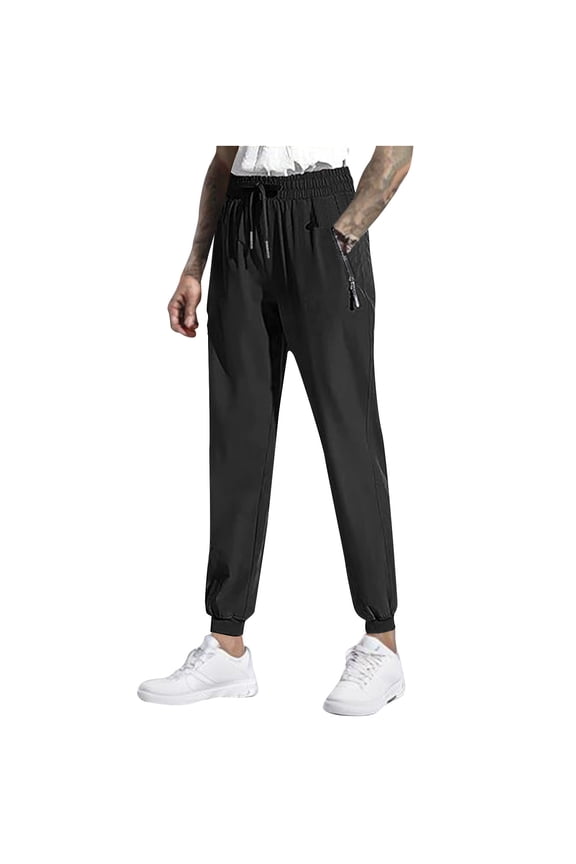 Gym Trousers Men with Zip Pockets Elastic Waist Running Trouser Plain Straight Leg Jogging Bottom Regular Fit Drawstring Tracksuit Bottoms Mens Activewear for Training