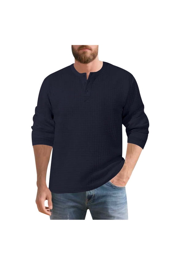 Henley Shirts for Men Long Sleeve Jacquard T-Shirts Regular Fit Button Tee Shirts Solid Colour Breathable Tshirts Moisture Wicking Spring Tops Mens Fashion Lounge Wear