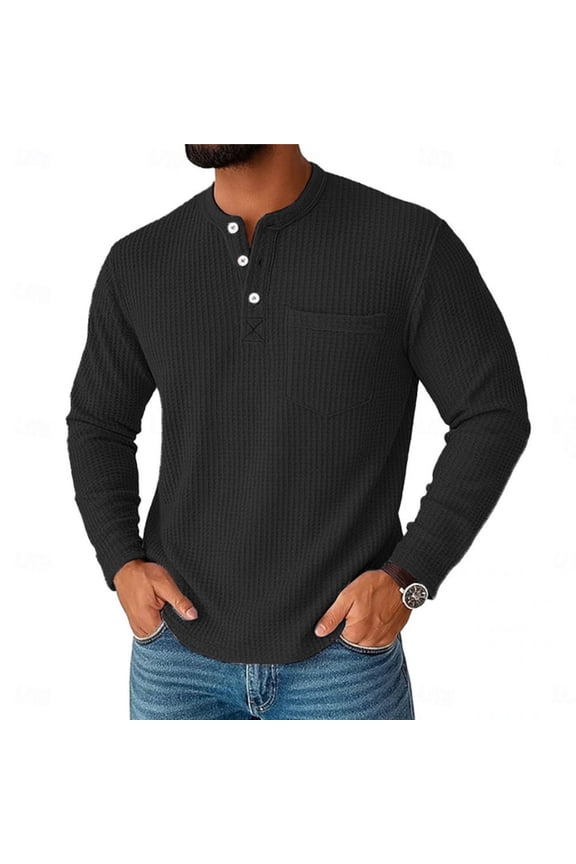 Henley Shirts for Men Smart Casual Waffle T-Shirts Long Sleeve Button Up Tshirt Solid Colour Designer Tops Classic Fit T Shirt with Pocket Fashion Clothes for Daily Wear