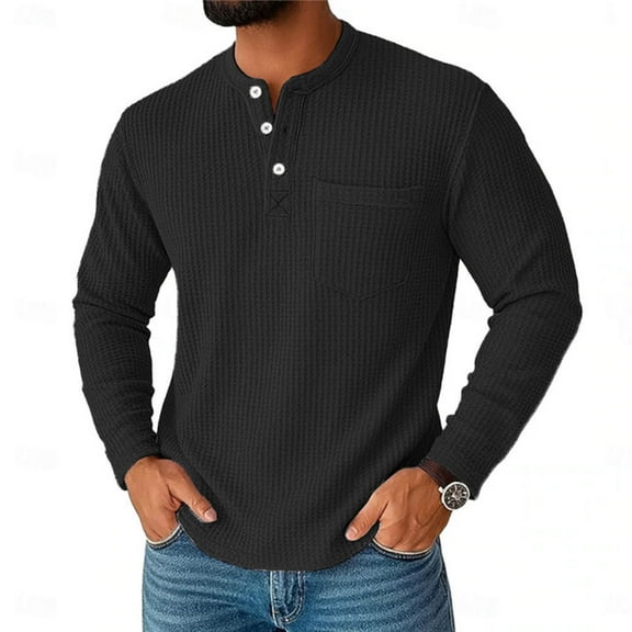 Bazeneo Henley Shirts for Men Smart Casual Waffle T-Shirts Long Sleeve Button Up Tshirt Solid Colour Designer Tops Classic Fit T Shirt with Pocket Fashion Clothes for Daily Wear