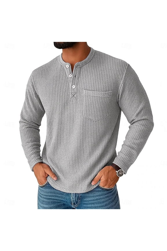 Henley Shirts for Men Smart Casual Waffle T-Shirts Long Sleeve Button Up Tshirt Solid Colour Designer Tops Classic Fit T Shirt with Pocket Fashion Clothes for Daily Wear