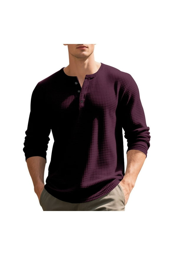 Henley T Shirt Mens Waffle Tshirts for Men Smart Casual Long Sleeve T-shirt Regular Fit Breathable Tee Shirts Plain Button Up Gym Tops Moisture Wicking Designer Daily Wear