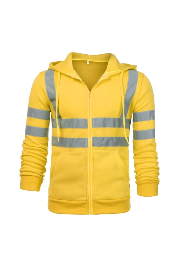 Hi Vis Jacket for Men High Visibility Jacket with Hood Reflective Strips Full Zip Safety Workwear Long Sleeve Drawstring Hooded Sweatshirts Classic Fit Work Jackets Tall