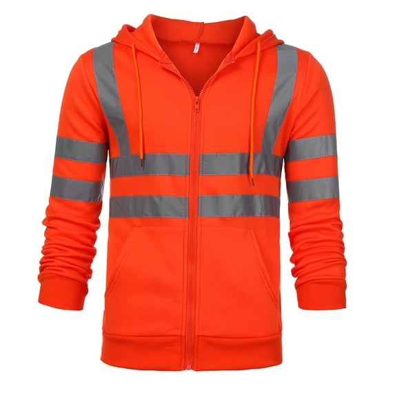 Bazeneo Hi Vis Jacket for Men Zipper High Visibility Hoodie with Pockets Reflective Tape Safety Workwear Long Sleeve Classic Fit Work Jacket Full Zip Drawstring Hooded Sweatshirts